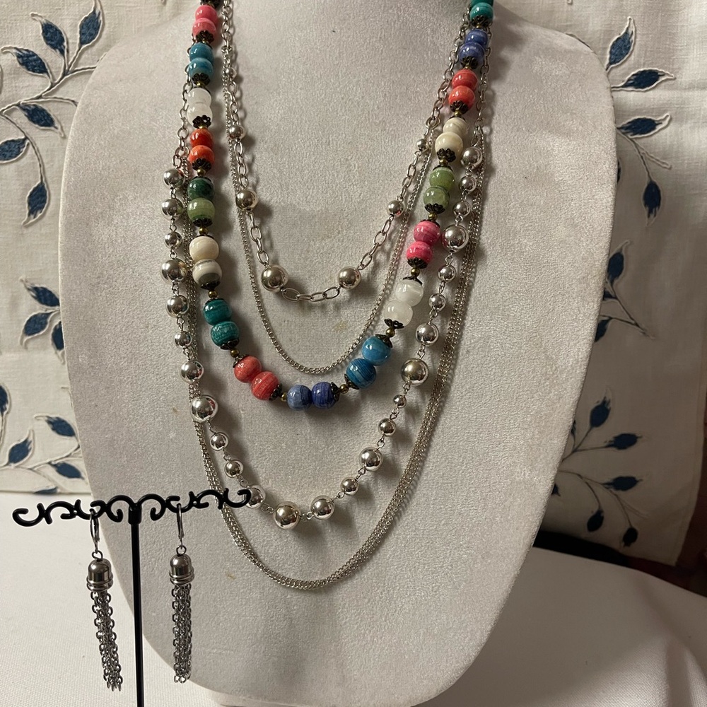 Red and Blue Layered Necklace with Cascading Beads